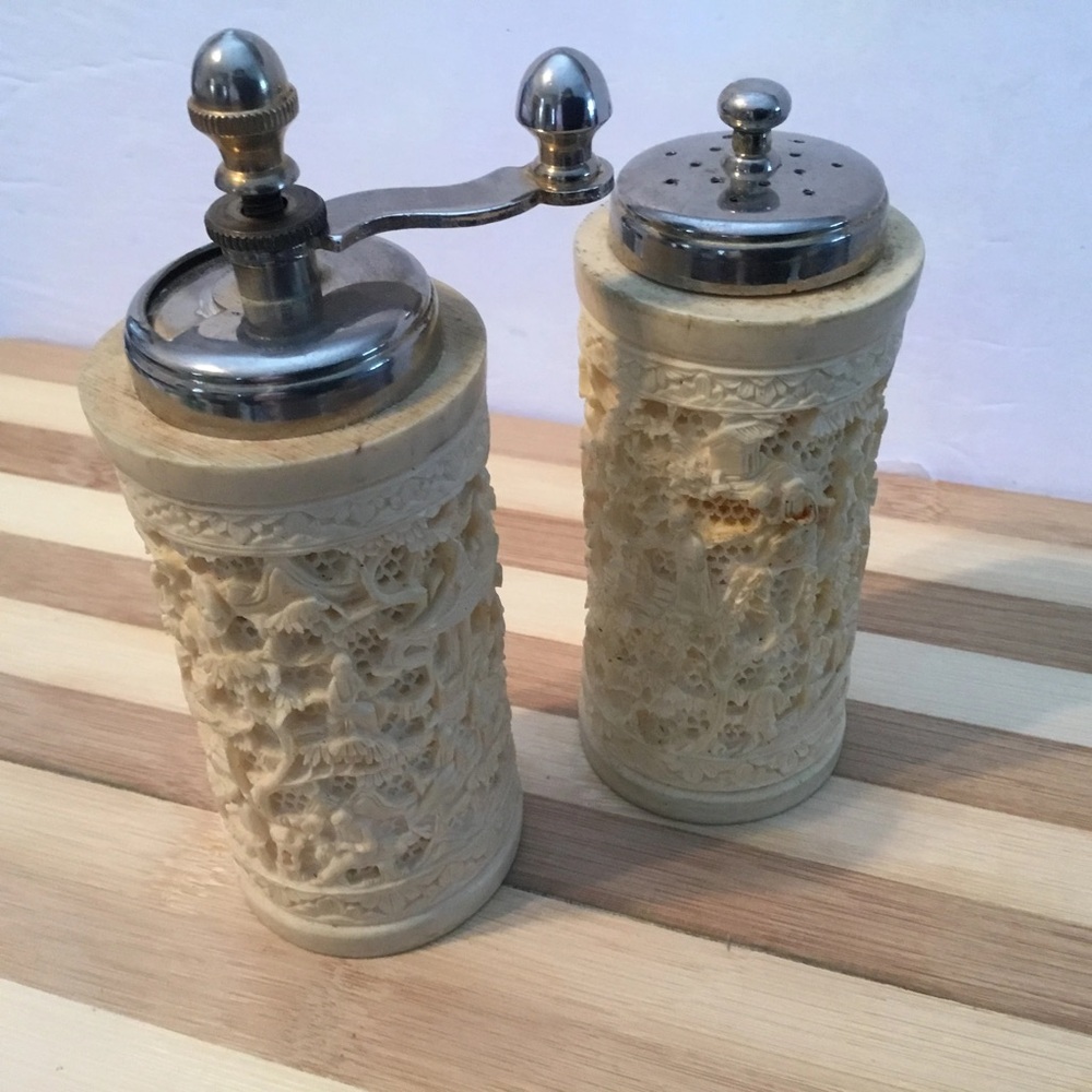 Vintage Acciaco salt and pepper shakers- hand carved celluloid- made in Italy